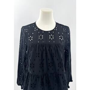 J Crew Black Eyelet Cotton Ruffle Top Lace Long Sleeve Peasant Blouse Small